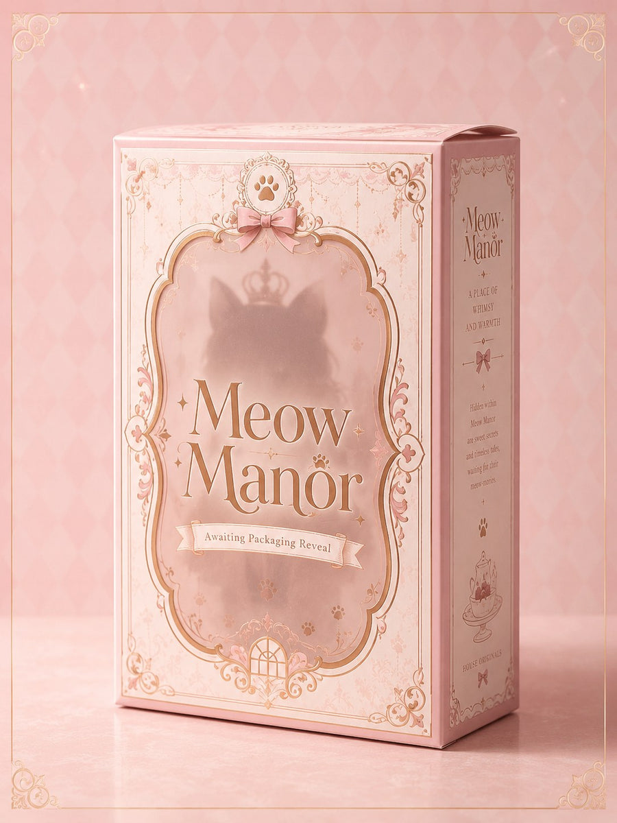 Meow Manor — packaging cover, pink and gold ornamental box with paw-print crest