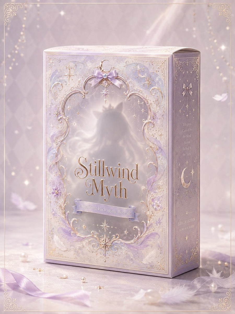 Stillwind Myth — packaging cover, lilac and silver ornamental box with crescent-moon and feather motifs